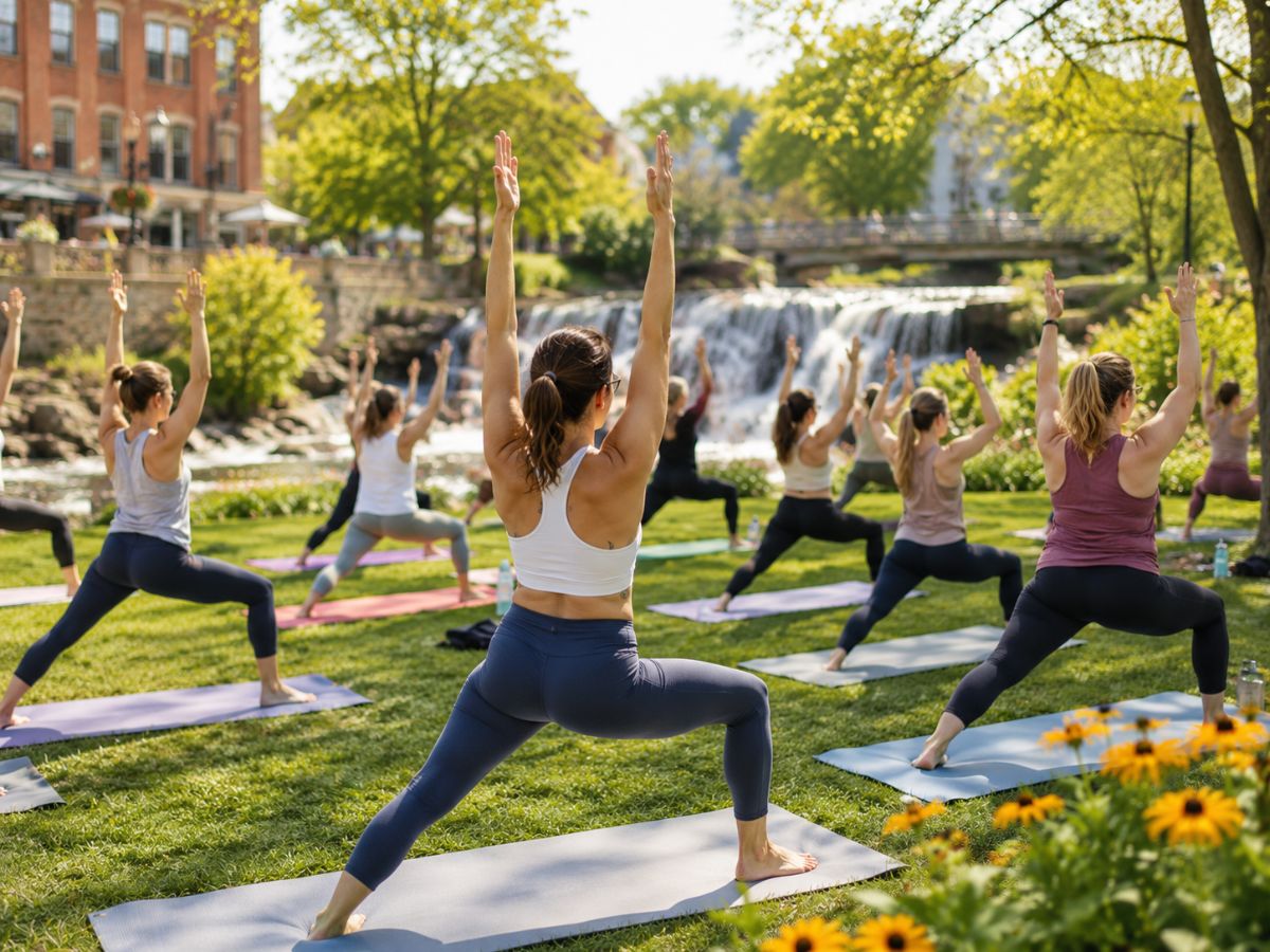 Yoga by the Falls outdoor class in Triangle Park, Chagrin Falls, Ohio