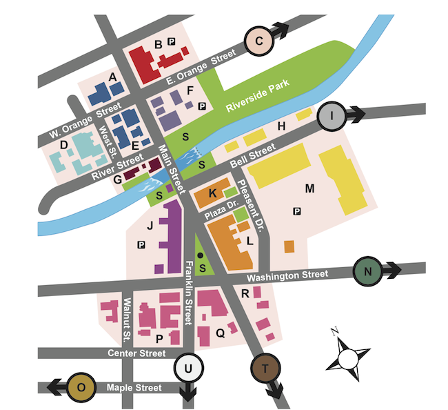 Color-coded directory map of downtown Chagrin Falls showing lettered zones A through U across the village district